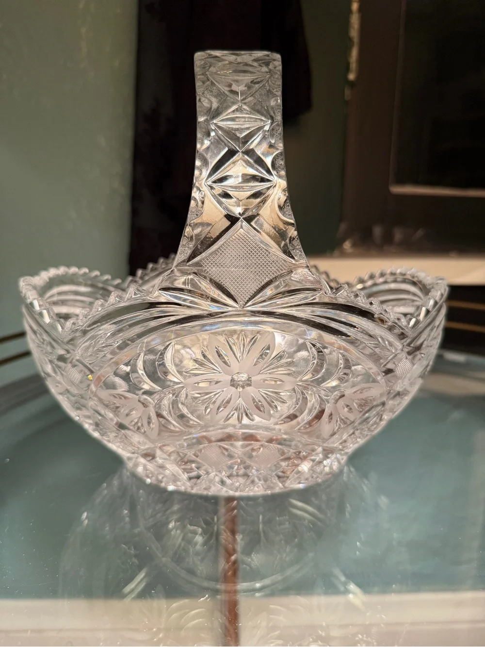 Cut Crystal Serving Basket - Clear Glass Decorative Bowl with Handle